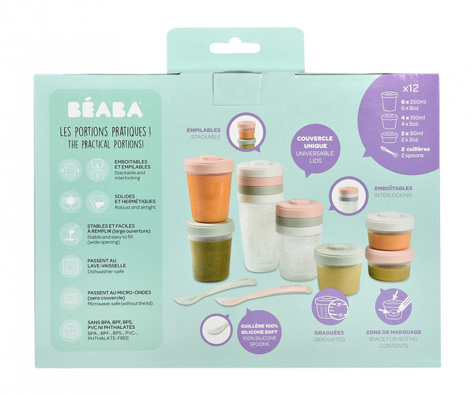 Набор Beaba из контейнеров 2x90 ml + 4x150ml + 6x250ml и двух ложек 913502 EUCALYPTUS