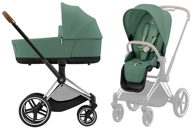 Коляска 3 в 1 Cybex Priam IV Chrome Brown complete и автокресло Cloud T i-Size Sepia Black Plus Leaf Green