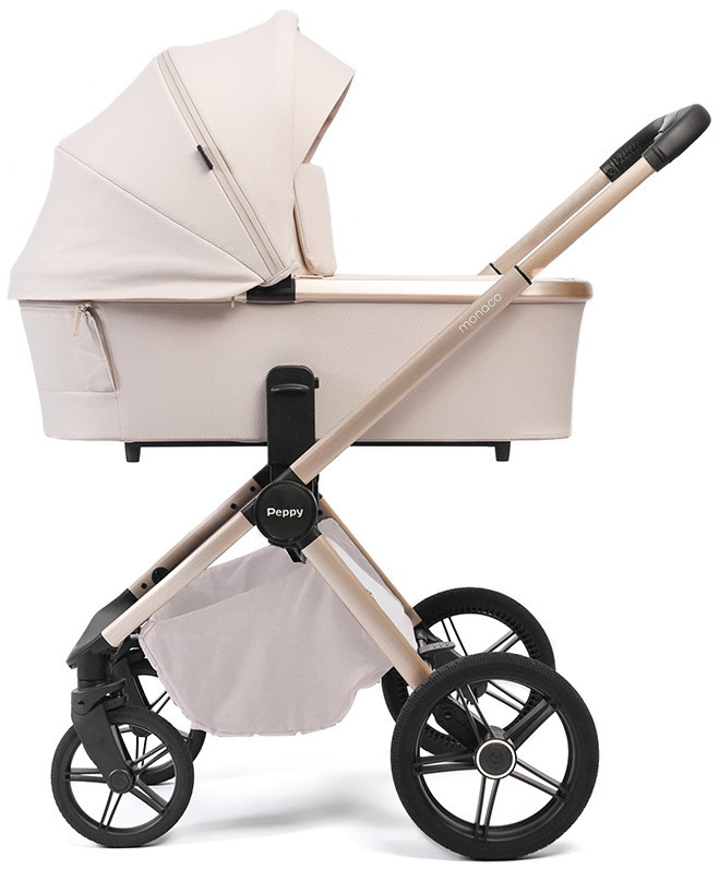 Детская коляска Peppy Monaco Plus 4 в 1 с автокреслом Verona Black и базой Beige (бежевый), рама беж, шлифованный алюминий