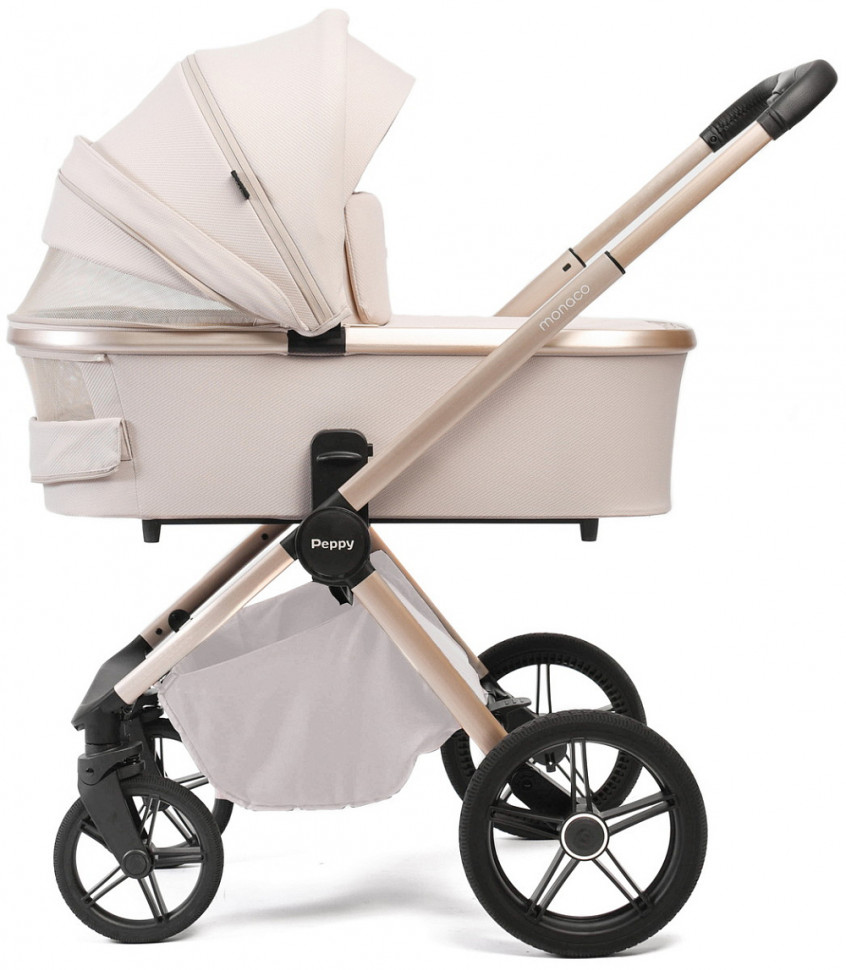 Детская коляска Peppy Monaco Plus 4 в 1 с автокреслом Verona Black и базой Beige (бежевый), рама беж, шлифованный алюминий