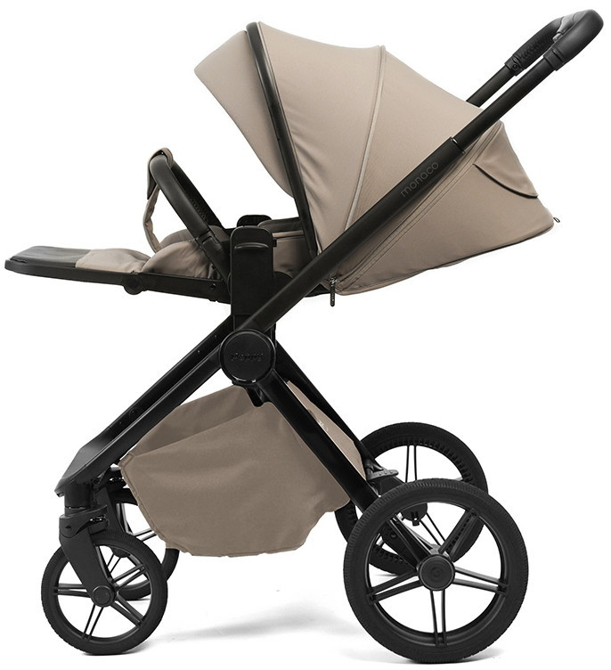 Детская коляска Peppy Monaco Plus 4 в 1 с автокреслом Jovikids Aria Black и базой Sandstone (песочный), рама черная
