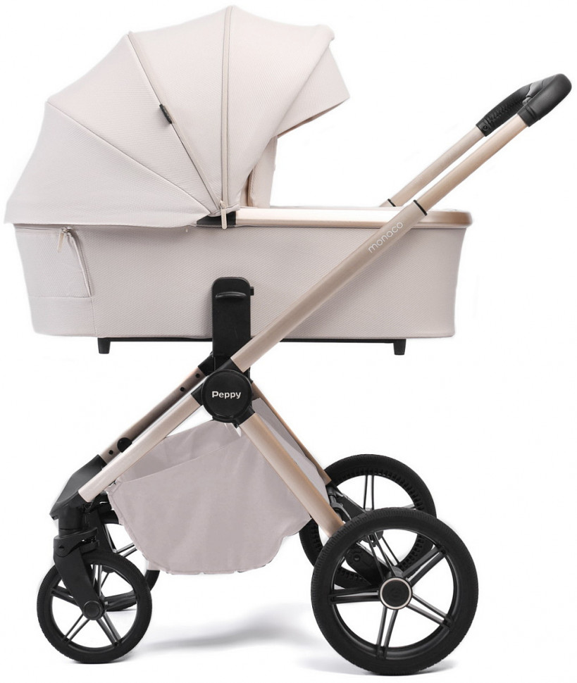 Детская коляска Peppy Monaco Plus 4 в 1 с автокреслом Verona Beige и базой Beige (бежевый), рама беж, шлифованный алюминий