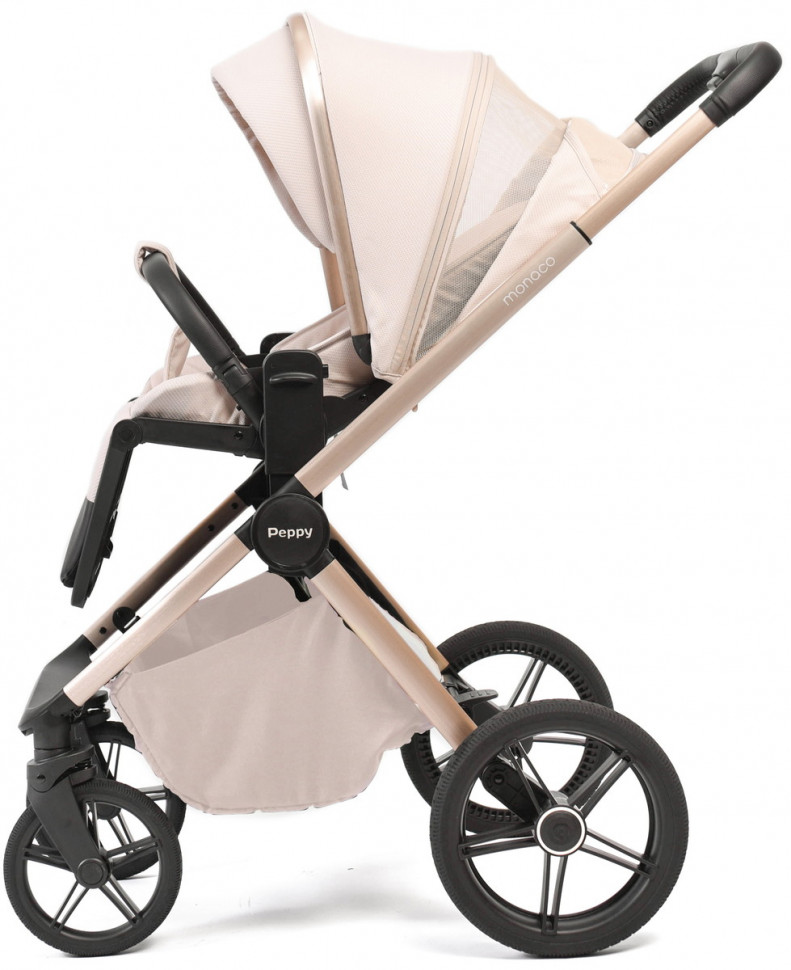 Детская коляска Peppy Monaco Plus 4 в 1 с автокреслом Verona Beige и базой Beige (бежевый), рама беж, шлифованный алюминий