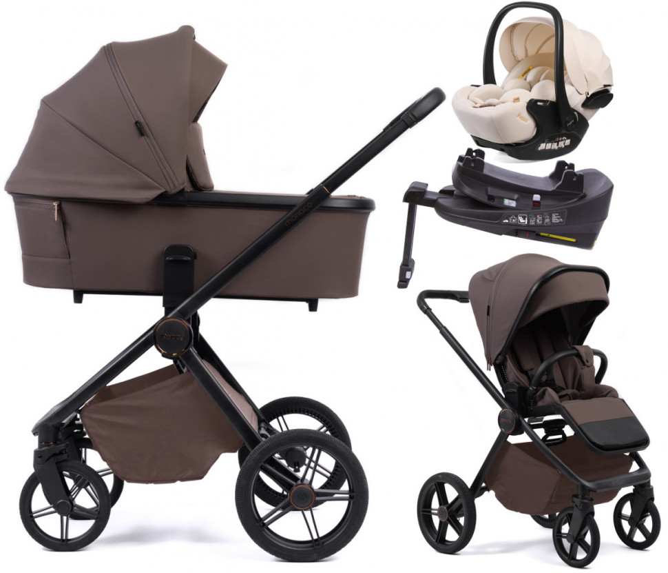 Детская коляска Peppy Monaco Plus 4 в 1 с автокреслом Verona Beige и базой Brownie (коричневый), рама черная