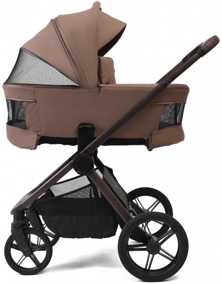 Детская коляска Peppy Soho 4 в 1 с автокреслом Jovikids Aria Black и базой Cappuccino (капучино) рама шоколад