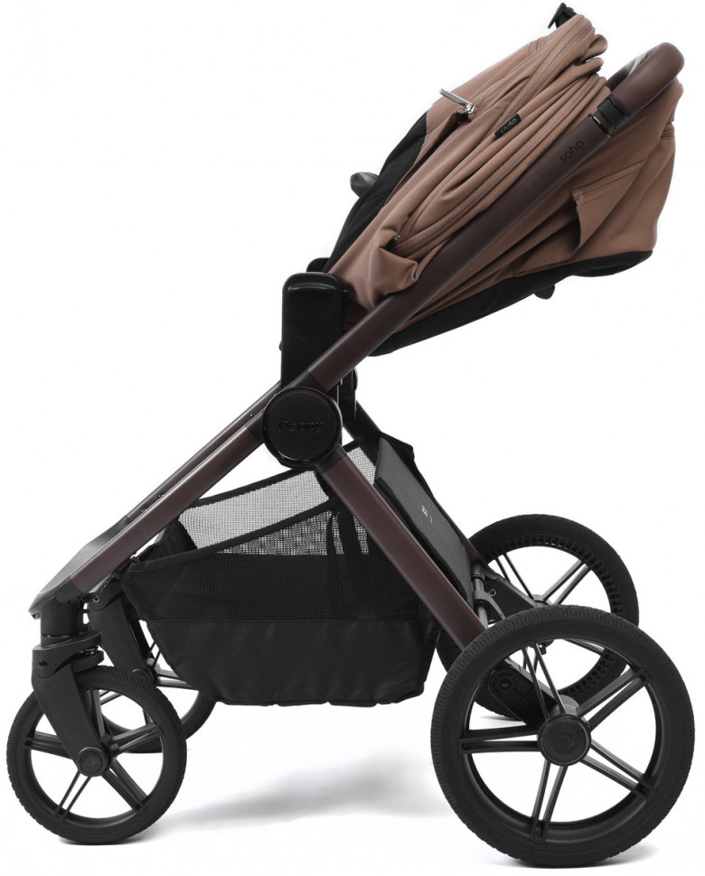 Детская коляска Peppy Soho 4 в 1 с автокреслом Jovikids Aria Black и базой Cappuccino (капучино) рама шоколад