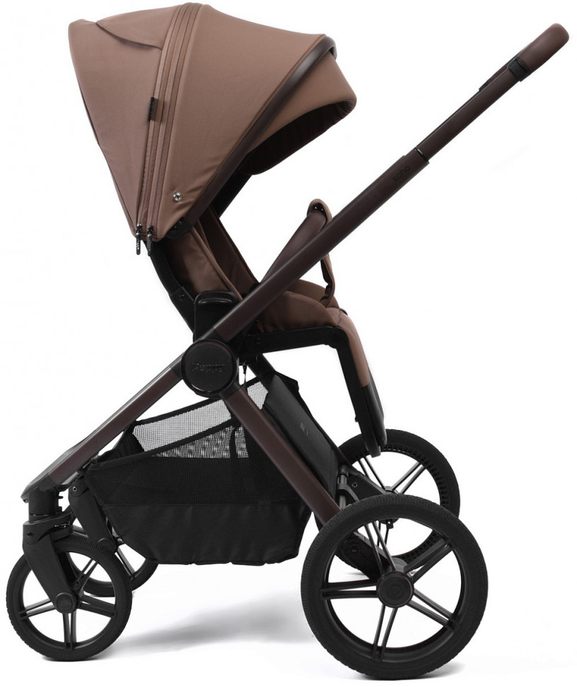 Детская коляска Peppy Soho 4 в 1 с автокреслом Jovikids Aria Black и базой Cappuccino (капучино) рама шоколад