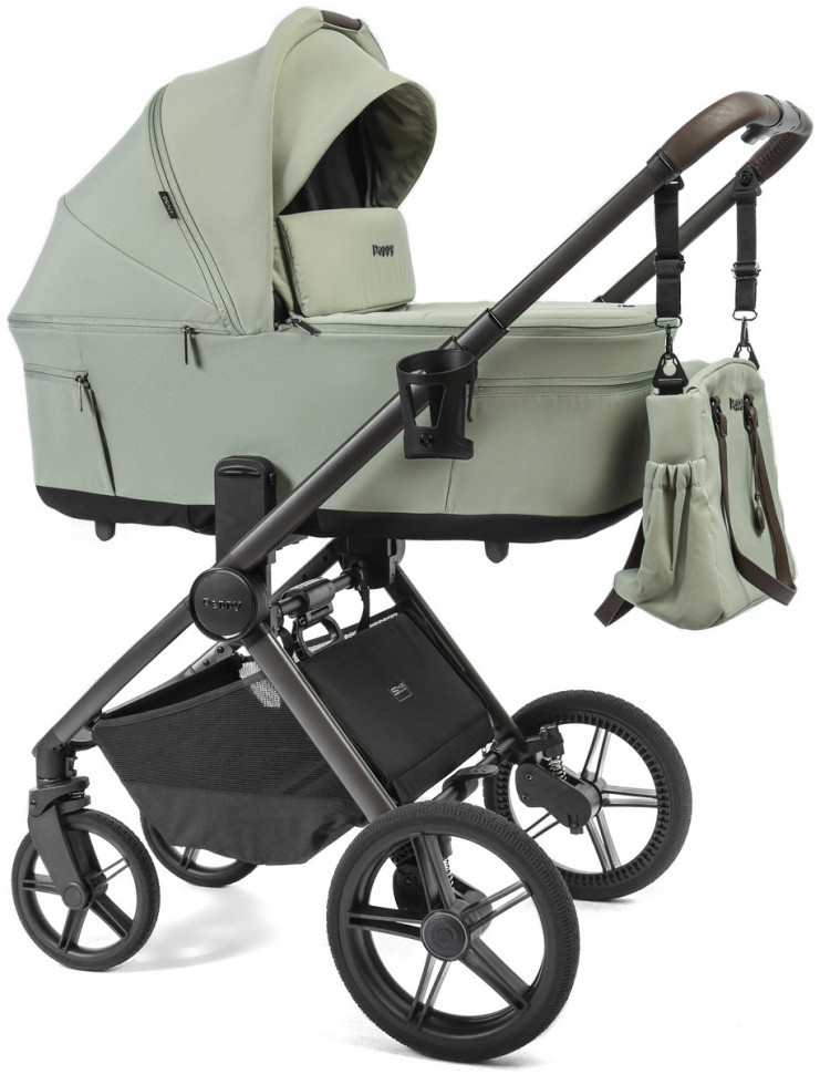 Детская коляска Peppy Soho 4 в 1 с автокреслом Jovikids Aria Black и базой Oregano (орегано), рама серо-бежевый