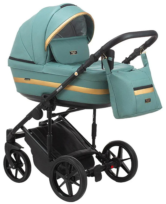 Детская коляска Adamex Rimini Deluxe 2 в 1 RI233 серо‑зелёная кожа+золото.отделка