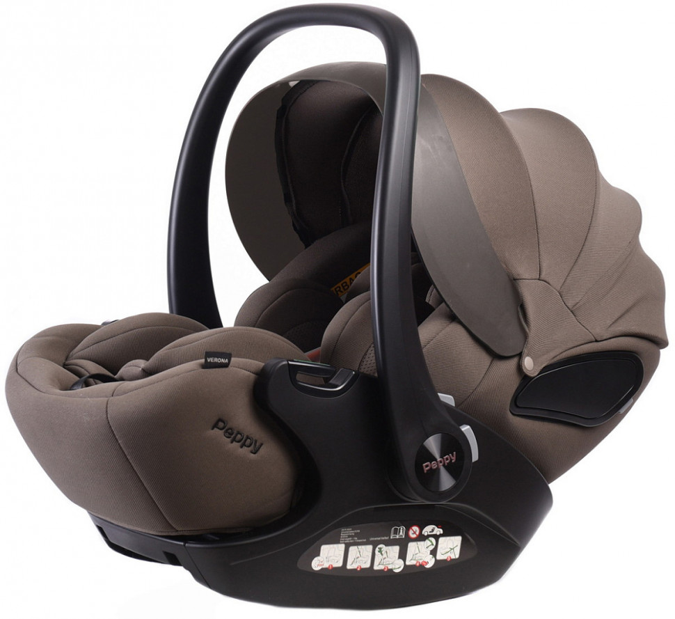 Детская коляска Peppy Monaco Plus 4 в 1 с автокреслом Verona Brown и базой Brownie (коричневый), рама черная