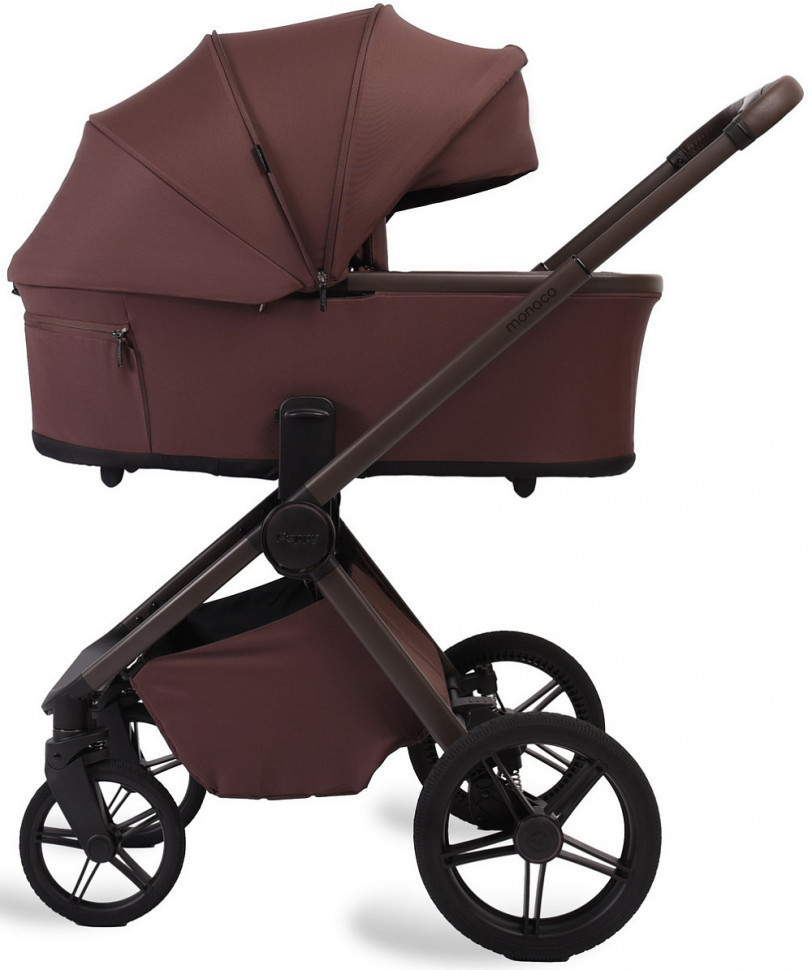 Детская коляска Peppy Monaco Plus 3 в 1 с автокреслом Jovikids Aria Black Burgundy (винный), рама коричневая