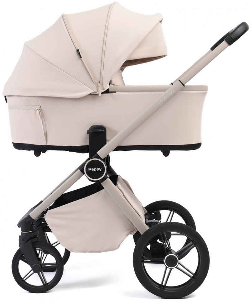 Детская коляска Peppy Monaco Plus 4 в 1 с автокреслом Jovikids Aria Black и базой Cream (кремовый), рама бежевая