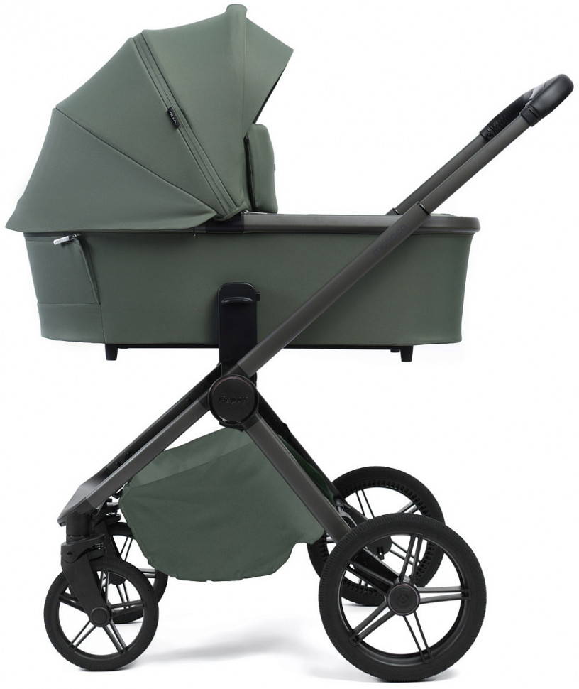 Детская коляска Peppy Monaco Plus 4 в 1 с автокреслом Jovikids Aria Black и базой Oliva Green (зеленый), рама серая