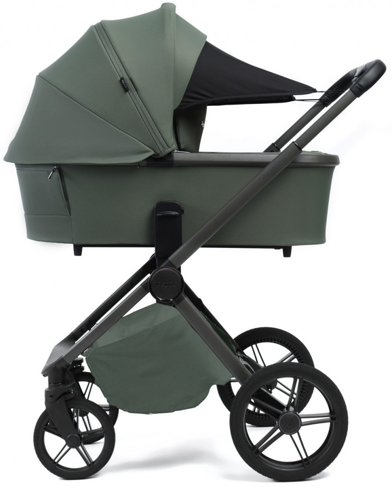 Детская коляска Peppy Monaco Plus 4 в 1 с автокреслом Jovikids Aria Black и базой Oliva Green (зеленый), рама серая