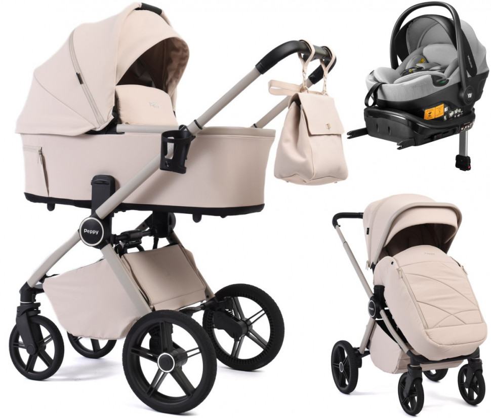 Детская коляска Peppy Monaco Plus 4 в 1 с автокреслом Welldon Crown 2 Grey и базой Cream (кремовый), рама бежевая
