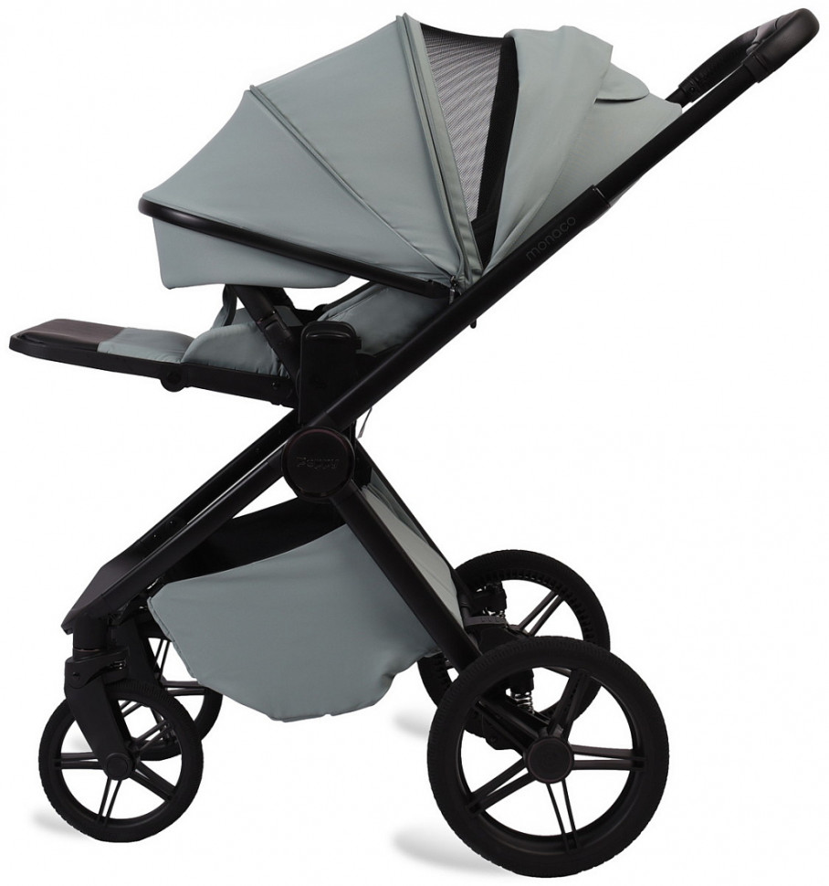 Детская коляска Peppy Monaco Plus 4 в 1 с автокреслом Jovikids Aria Black и базой Mint (мятный), рама черная