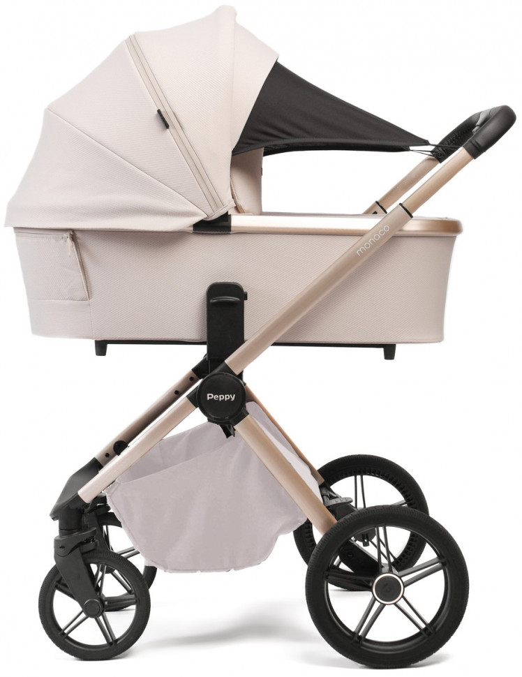Детская коляска Peppy Monaco Plus 3 в 1 с автокреслом Welldon Crown 2 Beige Beige (бежевый), рама беж, шлифованный алюминий