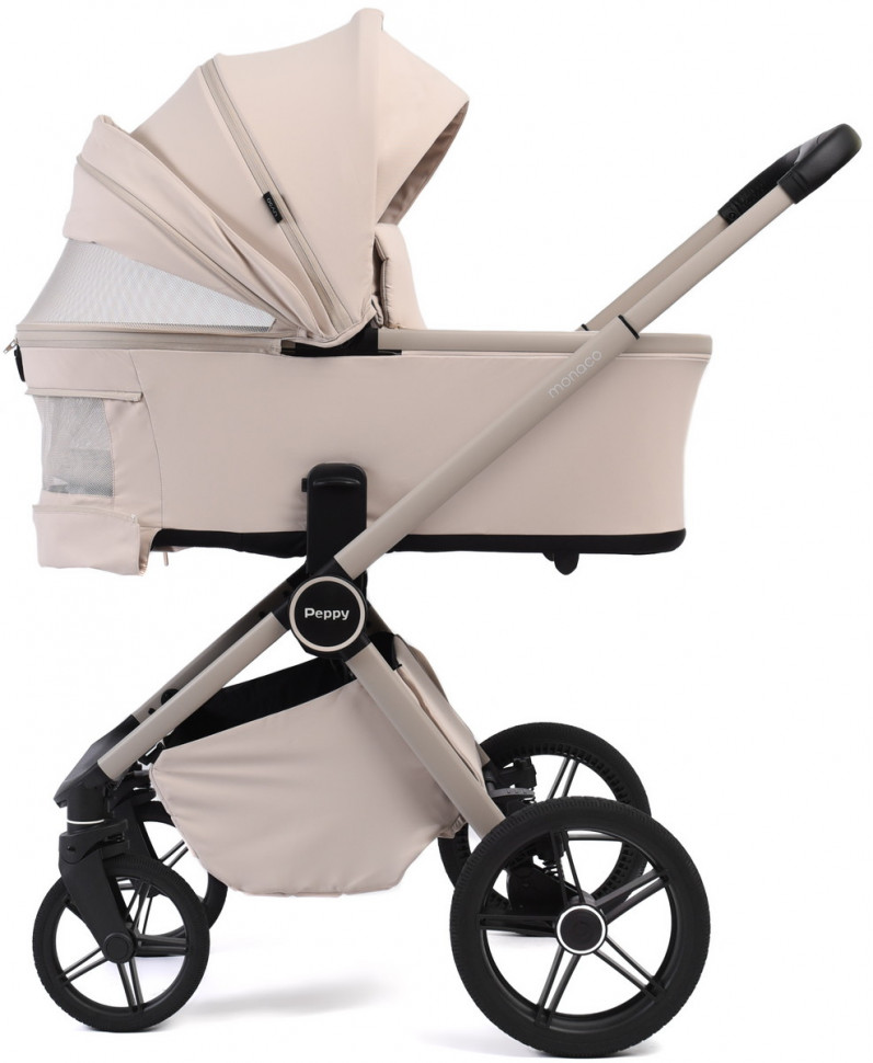 Детская коляска Peppy Monaco Plus 4 в 1 с автокреслом Verona Beige и базой Cream (кремовый), рама бежевая
