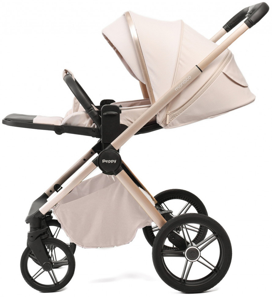 Детская коляска Peppy Monaco Plus 4 в 1 с автокреслом Jovikids Aria Black и базой Beige (бежевый), рама беж, шлифованный алюминий