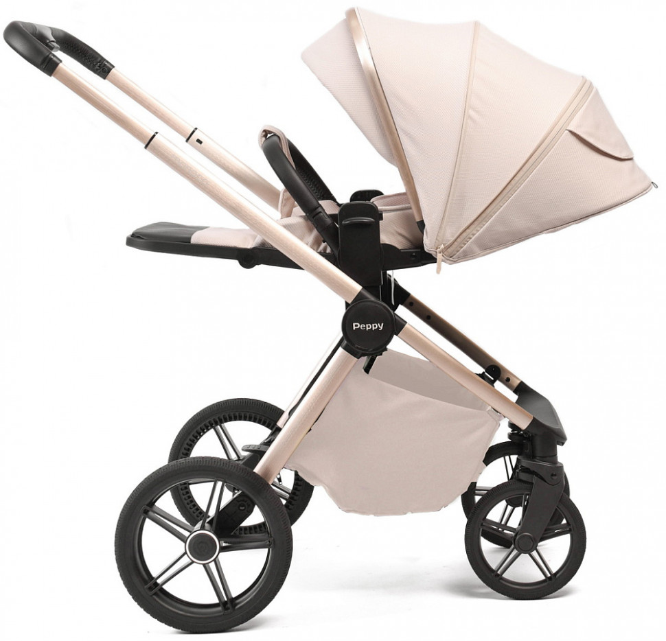 Детская коляска Peppy Monaco Plus 4 в 1 с автокреслом Jovikids Aria Black и базой Beige (бежевый), рама беж, шлифованный алюминий
